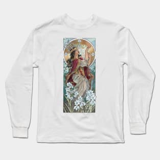 Lady of December with White Narcissus and Saint Lucy Candle Crown Goddess Mucha Inspired Birthstone Series Long Sleeve T-Shirt